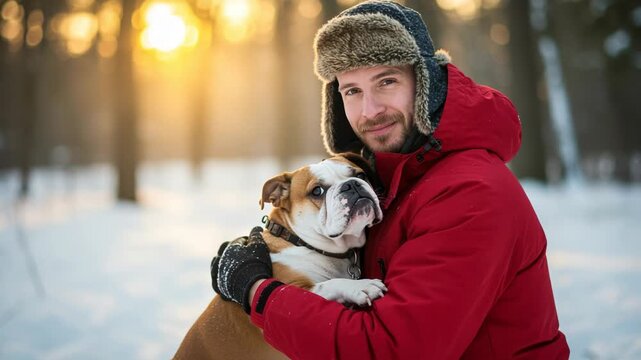 Man hugging a bulldog in a snowy forest with sunlight in the background