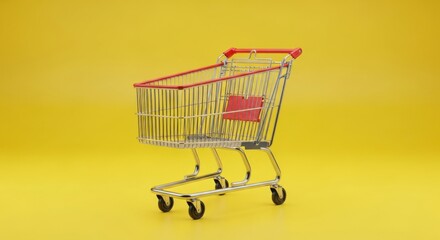 A solitary shopping cart rests against a vibrant yellow backdrop symbolizing consumerism and retail environments