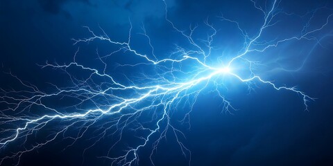 A powerful bright blue lightning strike illuminates a dark stormy sky with intricate branching electrical energy