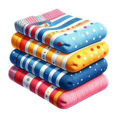Stack of folded textile items featuring colorful striped and dotted patterns.