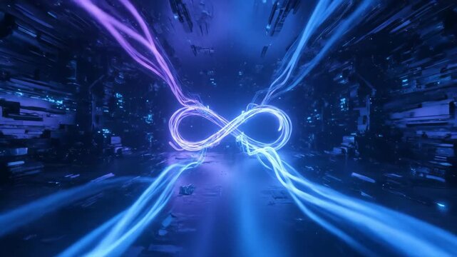 Futuristic Infinity Symbol in Digital Landscape - This video depicts a vibrant infinity symbol composed of flowing blue and purple light against a dark, digitally textured background.