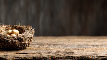 A small rustic bird's nest with tiny speckled eggs on rough wood.