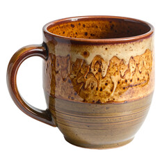 Rustic glazed earthenware mug with textured pattern and handle.