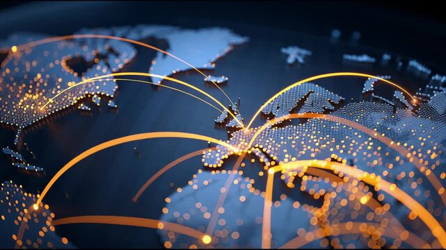 Global Network of Connections: The world map illuminates with a network of interconnected lines, representing global networks of digital links.