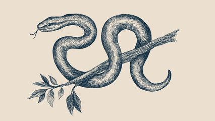 Obraz premium Detailed ink illustration of a tropical snake wrapped around a tree branch on beige background. Perfect for wildlife art, vintage posters, zoological studies, and educational materials.