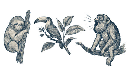 Detailed ink graphic illustration set with tropical rainforest animals — sloth, toucan, and howler monkey sitting on tree branches with leaves. for wildlife art, posters, and educational materials. © _Julia_red