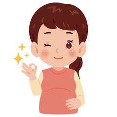 OKサインのポーズをする妊婦さん　上半身イラスト／Pregnant Woman Making OK Sign　upper body illustration