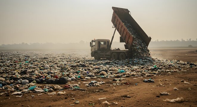 Dump Truck Unloading Waste at Landfill Site