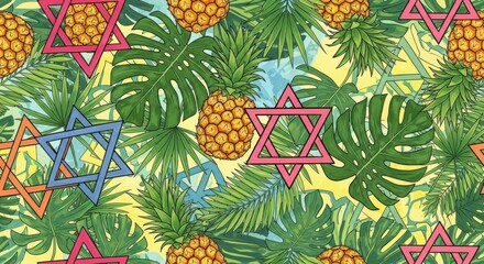Tropical Pineapple and Monstera Leaf Pattern with Geometric Star Motifs in Vibrant Summertime Colors