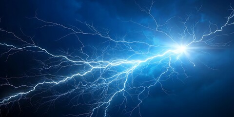 Vibrant blue lightning strikes with intense bright light emanating from a central point illuminating a dark energetic sky with electrical energy