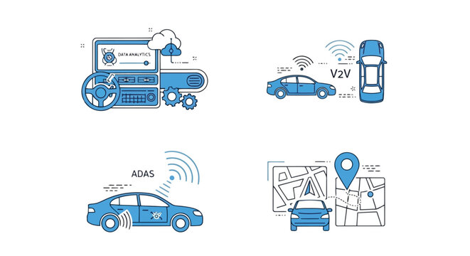 Icons of smart car technology: data, V2V, ADAS, and navigation