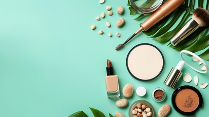 Curated Vegan Cosmetic Arrangement—Featuring Products in Soft Natural Tones—Set Against a Smooth Teal Background, Blending Eco-Friendly Beauty with Modern Styling for Beauty, Lifestyle, or Decor Visua
