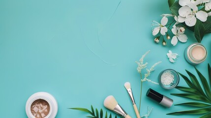 Curated Vegan Cosmetic Arrangement—Featuring Products in Soft Natural Tones—Set Against a Smooth Teal Background, Blending Eco-Friendly Beauty with Modern Styling for Beauty, Lifestyle, or Decor Visua