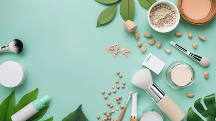 Curated Vegan Cosmetic Arrangement—Featuring Products in Soft Natural Tones—Set Against a Smooth Teal Background, Blending Eco-Friendly Beauty with Modern Styling for Beauty, Lifestyle, or Decor Visua