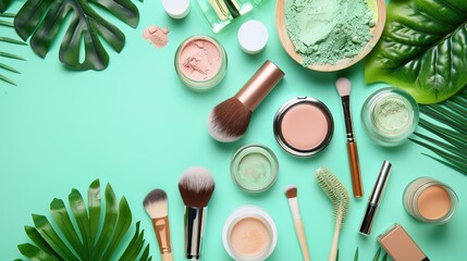 Curated Vegan Cosmetic Arrangement—Featuring Products in Soft Natural Tones—Set Against a Smooth Teal Background, Blending Eco-Friendly Beauty with Modern Styling for Beauty, Lifestyle, or Decor Visua