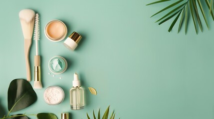 Curated Vegan Cosmetic Arrangement—Featuring Products in Soft Natural Tones—Set Against a Smooth Teal Background, Blending Eco-Friendly Beauty with Modern Styling for Beauty, Lifestyle, or Decor Visua