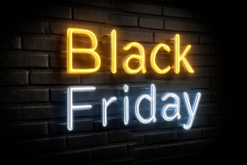 Fototapeta premium Vivid neon sign illumination highlighting Black Friday on a dark brick wall