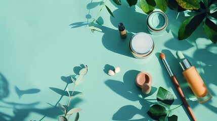 Curated Vegan Cosmetic Arrangement—Featuring Products in Soft Natural Tones—Set Against a Smooth Teal Background, Blending Eco-Friendly Beauty with Modern Styling for Beauty, Lifestyle, or Decor Visua