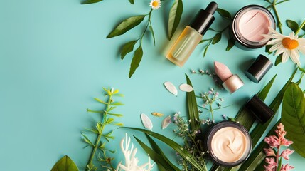 Curated Vegan Cosmetic Arrangement—Featuring Products in Soft Natural Tones—Set Against a Smooth Teal Background, Blending Eco-Friendly Beauty with Modern Styling for Beauty, Lifestyle, or Decor Visua