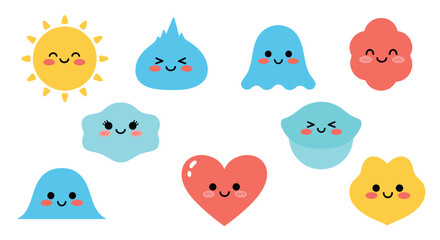 A collection of cute and colorful cartoon characters with happy faces.