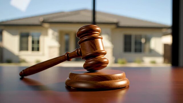 Wooden Gavel on a Table with House Background - A close-up video featuring a wooden gavel prominently displayed on a polished table, with a modern house visible in the blurred background.
