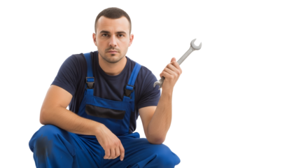 Focused Mechanic Holding Silver Wrench Wearing Blue Overalls on Transparent Background