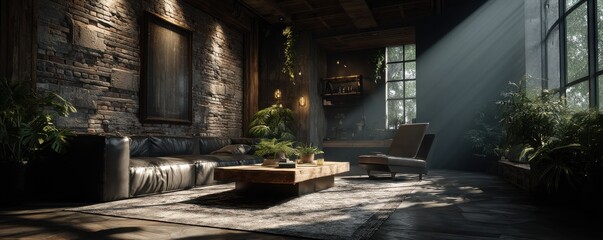 Fototapeta premium Luxurious living area with rustic brick walls and sunlit modern furnishings