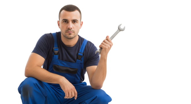 Focused Mechanic Holding Silver Wrench Wearing Blue Overalls on Transparent Background