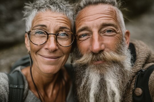 Happy middle-aged couple smiling while taking a selfie on an outdoor adventure - Powered by Adobe