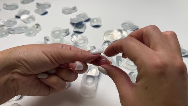 Side view of hands taking a clear contact lens out of a disposable container and placing it on their finger surrounded by contact lens containers on a white background. The concept of vision