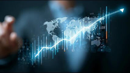 Global Market Ascent: The image captures a dynamic representation of business growth, featuring a rising arrow that charts the expansion of global market, symbolizing financial success. - Powered by Adobe