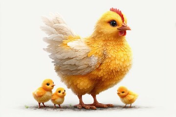 Mother hen with three chicks in a charming digital artwork