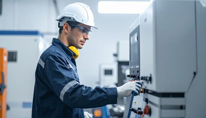 Male engineer carefully inspecting industrial machinery for quality control in a modern factory with precision engineering environment