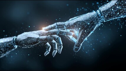 The Touch of Technology: This evocative image captures the poignant moment of human and machine connection, with robotic and human hands almost touching. - Powered by Adobe