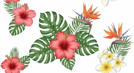 Fotobehang Tropische Bladeren This vibrant illustration showcases a beautiful seamless pattern of tropical watercolor flowers and lush foliage, perfect for adding an exotic touch to any design.   © Aries
