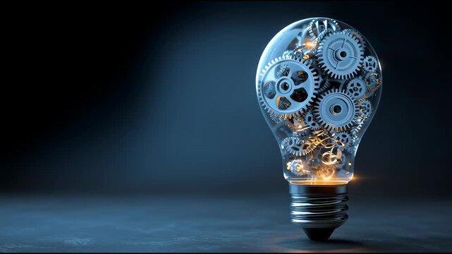 Illuminating Innovation: A radiant light bulb, housing a complex network of intricate gears, illuminates the concept of ingenuity and the inner workings of innovation.