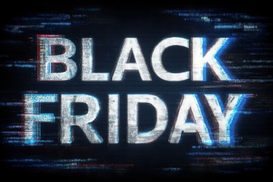 Glowing Black Friday sale banner with VHS glitch effects and neon colors