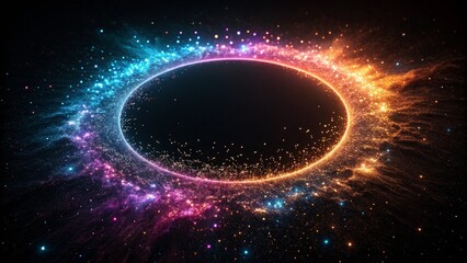 Fantastic lens flare and halo of light. A glowing circular ring of multicolored particles
