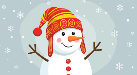 Fototapeta premium A cheerful snowman wearing a striped hat and buttoned coat stands in a snowy landscape.