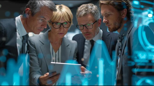 Business Minds in Deep Discussion: Focused business professionals huddle around a digital display, engaged in intense collaboration, analyzing data and strategizing for future success.