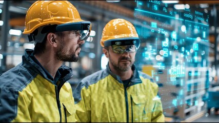 Engineers collaborating in a futuristic factory setting, utilizing augmented reality interfaces to streamline production and innovation.  - Powered by Adobe