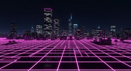 Neon grid cityscape at night, bright pink squares to skyline of illuminated towers