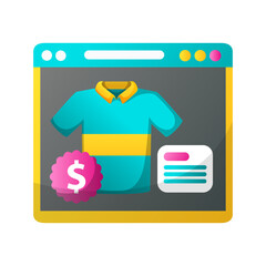 Online Clothing Store Display Featuring Teal Polo Shirt With Yellow Stripe And Dollar Sign Discount Badge On Transparent Background Flat Design Style