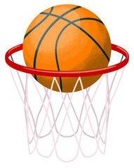 Orange Basketball Mid Air About To Go Through Red Rim And White Net On Transparent Background Studio Shot