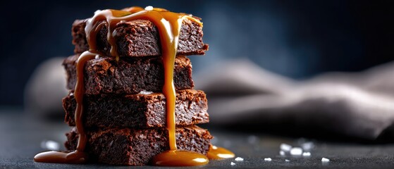 dessert brownie aesthetic concept. Stack of brownies drizzled with caramel on a dark background.