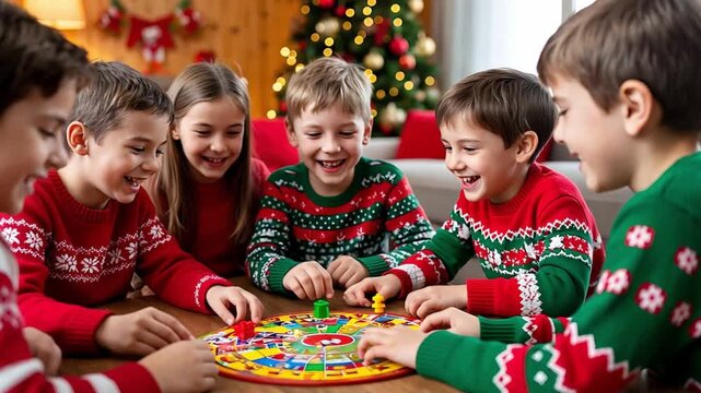 Group of excited children wearing festive sweaters and laughing together while playing a board game at home during Christmas