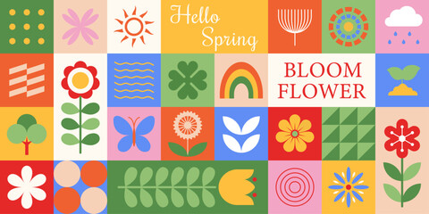 Fototapeta premium Spring background with flower, sun, butterfly, tree icons and geometric shapes. Design for wallpaper, poster, banner, card, packaging and more. Vector illustration.