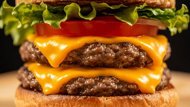 Juicy Double Cheeseburger with Fresh Ingredients - A close-up view of a delicious double cheeseburger showcasing layers of melted cheddar cheese, fresh lettuce, tomato, and pickles between perfectly