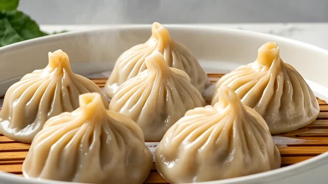 Freshly steamed Asian dumplings emitting hot steam, arranged in a ceramic dish on a bamboo mat, a popular appetizer or main course