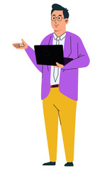 Man Wearing Glasses and Purple Cardigan Holding Laptop with Yellow Pants Standing Against a Transparent Background Detailed Vector Illustration